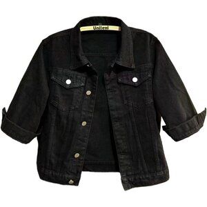 Women's 3/4 Sleeve Colored Cropped Denim Jacket Short Jean Jacket Trucker Black